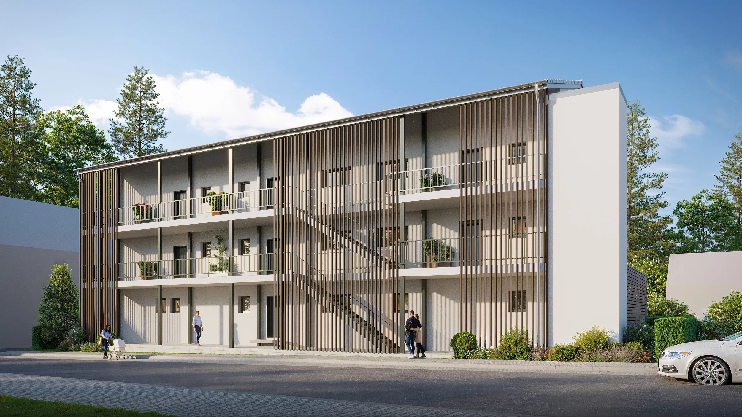 Wohnen am Schloss Trunstadt — Perspektive Laubengänge und Holzlamellen